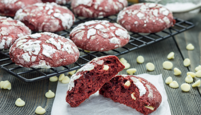 Red Velvet Peppermint Cookies with white chocolate chips