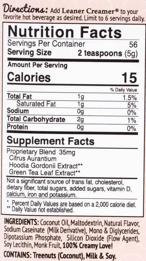 Nutrition Facts for HAZELNUT by Leaner Creamer