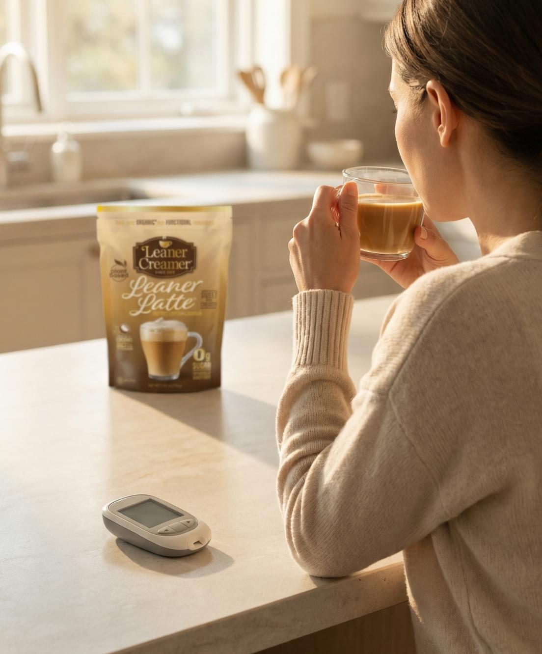 Woman drinking coffee with glucose meter